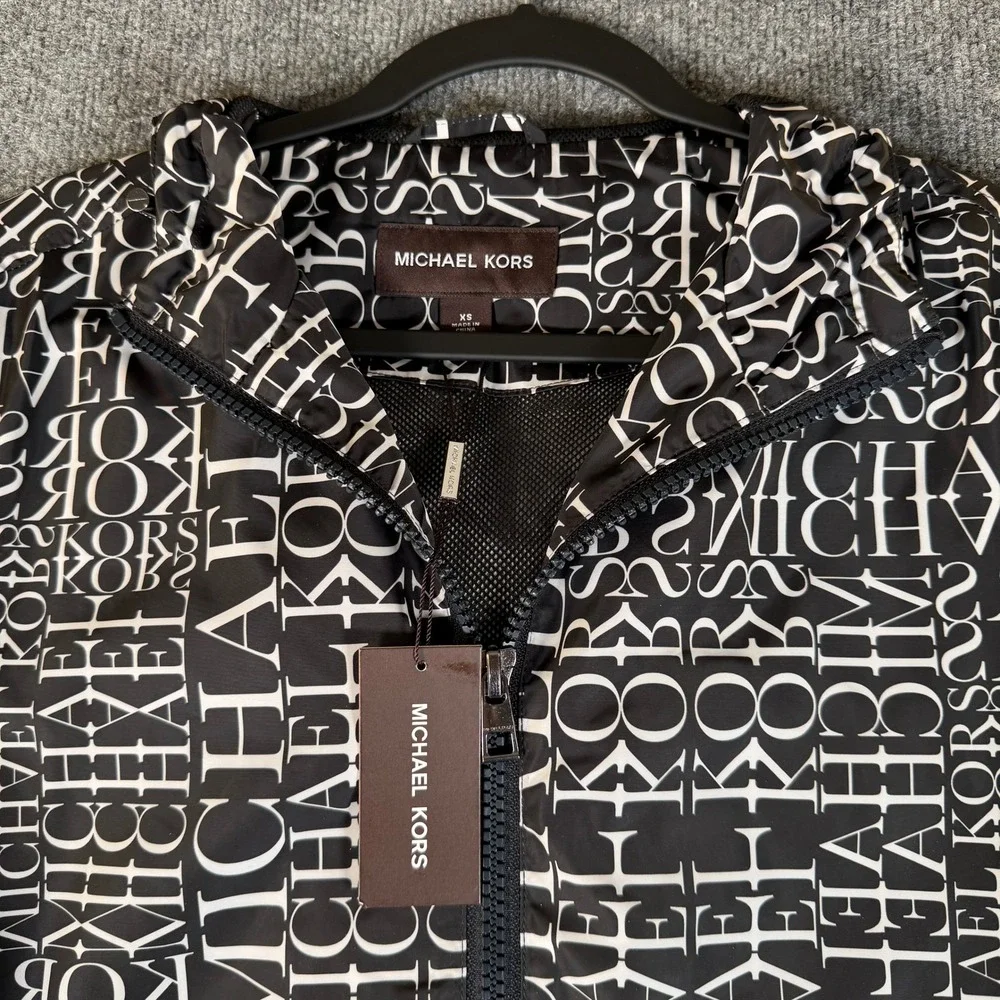 Michael Kors Womens Logo Print Hooded Windbreaker Jacket Black White XS #3866